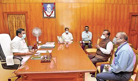 CM Edappadi K Palaniswami during a meeting with S Selvaraj, Chief GM  of NABARD bank,  at the Secretariat  on Monday