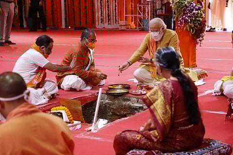 PM Narendra Modi performing the bhoomi pujan for Ram Temple in Ayodhya on Wednesday (Photo | Express)