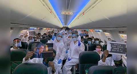 Medical students predominantly from Tamil Nadu who were stranded in Moscow reached Chennai safely in a chartered flight arranged by actor Sonu Sood. (Photo | Special Arrangement)