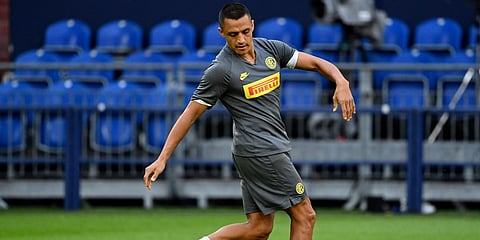 Inter Milan's Alexis Sanchez exercises during the training session before an Europa League soccer match. (Photo| AP)