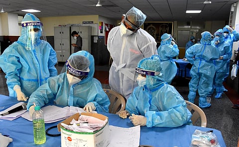 Medical Staff registering corona patients at Padmavathi Covid hospital in Tirupati on Thursday. (Photo| EPS/Madhav K)