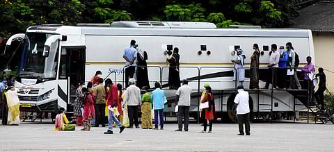 People waiting in a queue line to give nasal swab samples for covid-19 test in Tirupati on Saturday. (Photo| EPS/Madhav K)