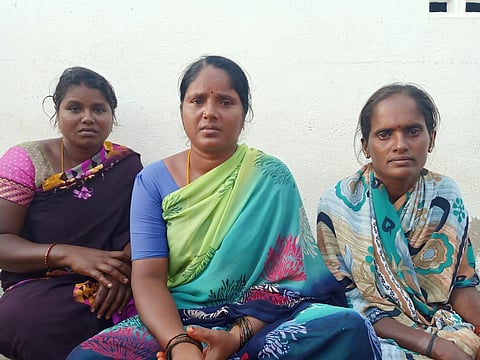 Three women Senthamizh Selvi (38), Muthamaal (34) and Ananthavalli (34) from Adanurai who saved the two youths who fell into water of Kottarai dam in Perambalur district. (Photo | Express)