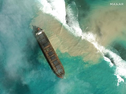 An aerial view of the MV Wakashio, a bulk carrier ship that recently ran aground off the southeast coast of Mauritius. (Photo | AP)