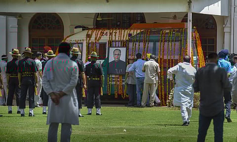 A hearse van carrying the mortal remains of former president Pranab Mukherjee. (Photo| PTI)