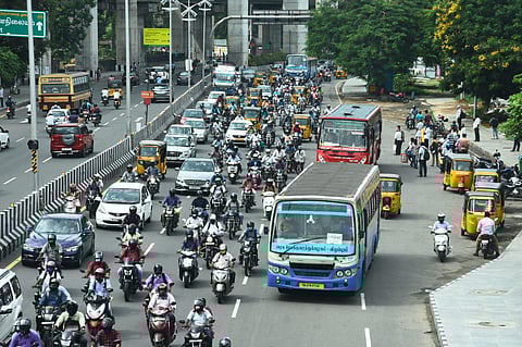 Traffic in Chennai on Tuesday after the government relaxed the lockdown (Express/Ashwin Prasath)