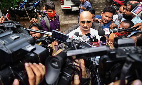 Film director Indrajit Lankesh arrives at the CCB office. (Photo | Shriram BN, EPS)