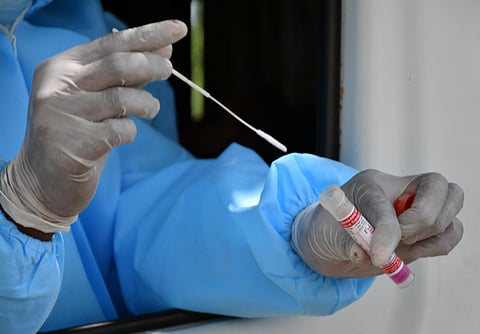 Health worker carefully drops swab in VTM after collecting sample from public. (Photo | EPS/Prasant Madugula)