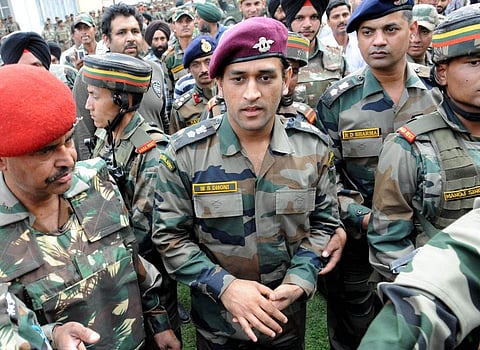 MS Dhoni (C), former Indian cricket team captain and honourary Lieutenant Colonel in the Indian Territorial Army. (Photo | AFP)