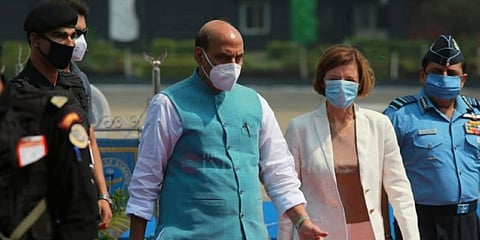 Defence Minister Rajnath Singh at Rafale jets induction ceremony. (Photo | Shekhar Yadav, EPS)