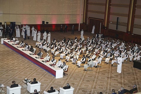 Taliban delegation attend the opening session of the peace talks between the Afghan government and the Taliban in Doha, Qatar, Saturday, Sept. 12, 2020. (Photo | AP)