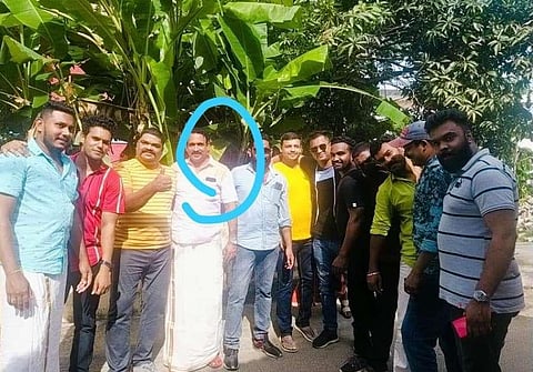 Chenthi Ani with alleged goons at his residence in Thiruvananthapuram. (Photo | Express)