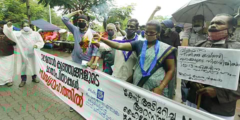 Demanding justice for Walayar kids and revocation of M J Sojan’s promotion, the children’s parents and activists protesting in front of the Police Commissioner’s office. (Photo| Arun Angela, EPS)