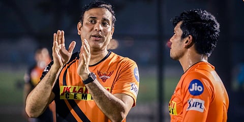 Sunrisers Hyderabad coach VVS Laxman (L) with Priyam Garg. (Photo| Twitter/ @SunRisers)