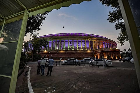 A view of Parliament House on the opening day of Monsoon Session in New Delhi Monday Sept. 14 2020. (Photo | PTI)