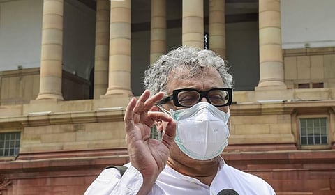 TMC MP Derek O'Brien talks to media at Parliament House during ongoing Monsoon Session in New Delhi Tuesday. (Photo | PTI)