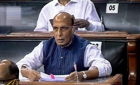 Union Defence Minister Rajnath Singh in the Lok Sabha during the ongoing Monsoon Session of Parliament on Tuesday. (Photo | PTI)