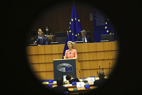 European Commission President Ursula von der Leyen addresses the plenary during her first State of the Union speech at the European Parliament in Brussels. (Photo | AP)