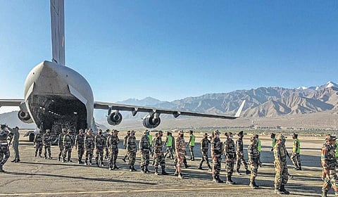An IAF transport aircraft brings supplies to a base in Ladakh on Tuesday | PTI