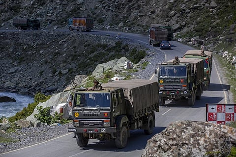 An Indian army convoy moves on the Srinagar- Ladakh highway at Gagangeer, northeast of Srinagar, Wednesday, Sept. 9, 2020. (Photo | AP)