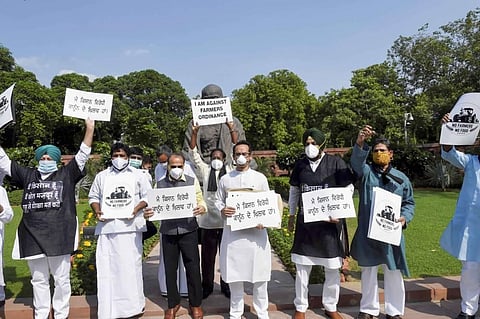 Congress MPs stage a protest over various issues at Parliament House in New Delhi Thursday Sept. 17 2020. (Photo | PTI)