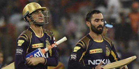 Kolkata Knight Rider Captain Dinesh Karthik (R) with Shubman Gill. (File | PTI)