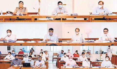 Chief Secretary K Shanmugam chairing a monsoon-preparedness meeting with secretaries of all departments and other officials at the secretariat on Friday