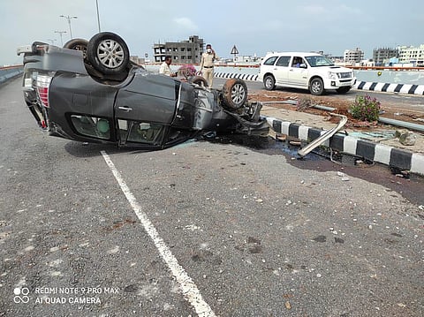 Car with five students overturns on PVNR flyover in Hyderabad