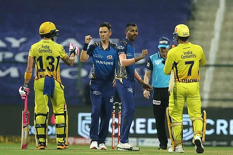 CSK and Mumbai Indians players after the first cricket match of IPL 2020 at Sheikh Zayed Stadium Abu Dhabi UAE Saturday Sept. 19 2020. (Photo | PTI)