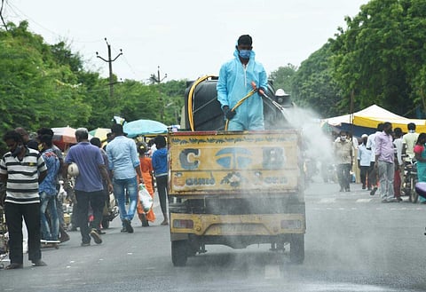 Disinfectants been sprayed at the Pallavaram wholesale weekly market in Chennai. (File Photo | Ashwin Prasath, EPS)