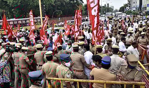 Members of CPI(M) protest against the farmers bill in Chennai on Monday. (Photo | P Jawahar/EPS)
