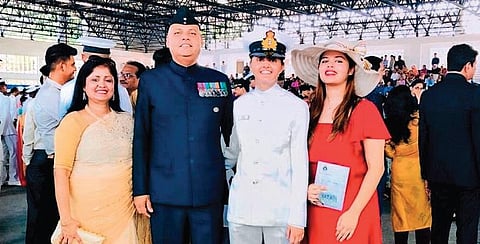 Sub Lieutenant Riti Singh with her family at the graduation ceremony held at INS Garuda, the air station of the Southern Naval Command, in Kochi on Monday