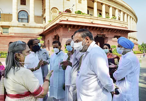 SP MP Jaya Bachchan speaks with Congress MP Anand Sharma as opposition leaders stage a walkout. (Photo | PTI)