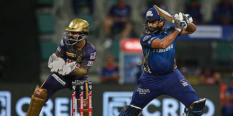 Mumbai Indians batsman Rohit Sharma plays a shot during IPL 2020 cricket match against Kolkata Knight Riders at Sheikh Zayed Stadium. (Photo | PTI)