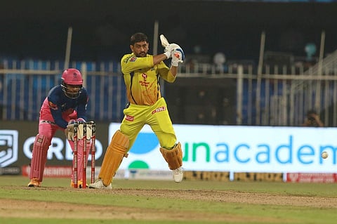 Mahendra Singh Dhoni captain of CSK plays a shot during match 4 of season 13 of the Indian Premier League. (Photo | IPL)