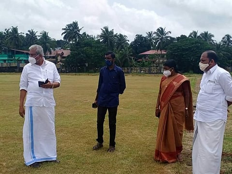 LSGD Minister AC Moideen inspects the ground prior to the inauguration on September 28. (Photo| Express).