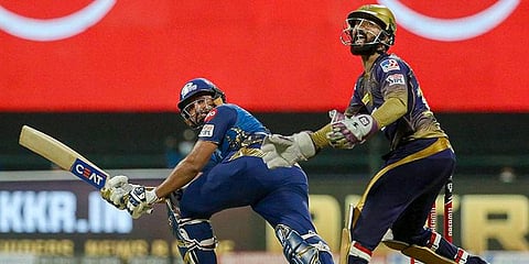 Mumbai Indians captain Rohit Sharma plays a shot during IPL 2020 cricket match against Kolkata Knight Riders at Sheikh Zayed Stadium. (Photo | PTI)