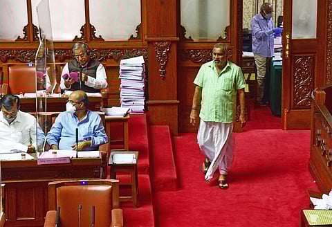Law Minister J C Madhu Swamy in Vidhana Soudha. (Photo | Vinod Kumar T, EPS)