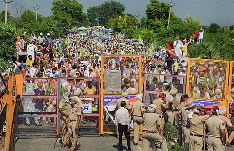 Bhartiya Kisan Union activists protest against three ordinances passed by the Centre amid the ongoing coronavirus pandemic at Badal village of Punjab. (Photo | PTI)