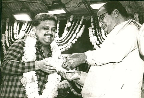 SP Balasubrahmanyam receiving the award from N T Rama Rao, Chief Minister of Andhra Pradesh. (Photo | EPS)