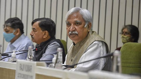 CEC Sunil Arora with Election Commissioner Sushil Chandra announces the schedule for the Bihar Assembly Elections 2020, in New Delhi, Friday. (Photo | PTI)