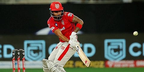 Kings XI Punjab skipper KL Rahul plays a shot during IPL 2020 cricket match against RCB. (Photo | PTI)