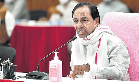 Chief Minister K Chandrasekhar Rao at a review meeting at Pragathi Bhavan