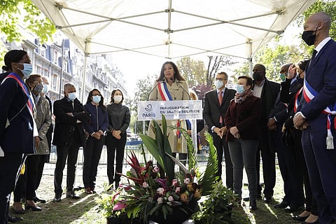 Paris Mayor Anne Hidalgo delivers her speech, during the inauguration of a park honoring 'Solitude', a woman who fought for the liberation of slaves on the Caribbean island of Guadeloupe. (Photo | AP)