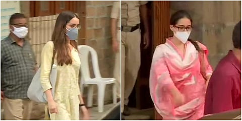 Actors Shraddha Kapoor (L) and Sara Ali Khan leave the NCB office in Mumbai. (Photo| ANI)