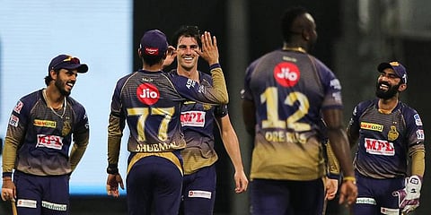 Pat Cummins of Kolkata Knight Riders celebrates the wicket of Jonny Bairstow of Sunrisers Hyderabad during their IPL 2020 match at the Sheikh Zayed Stadium. (Photo | PTI)