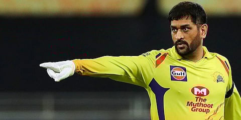 Chennai Super Kings skipper MS Dhoni gestures during IPL match against Delhi Capitals at Dubai International Cricket Stadium. (Photo | PTI)
