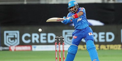 Prithvi Shaw of Delhi Capitals plays a shot against CSK. (Photo | ANI)