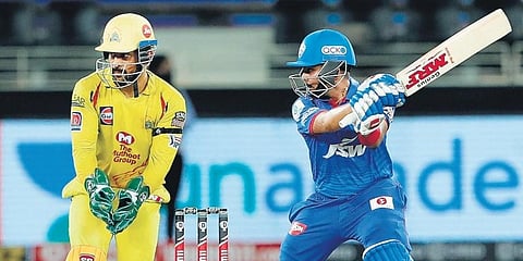 Delhi Capitals’ Prithvi Shaw in action against CSK on Friday (Photo | SPORTZPICS)