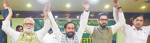 SJD chief Devendra Prasad Yadav (2nd L) along with AIMIM Bihar in-charge Majid Hussain (2nd R) in Patna on Saturday (Photo | PTI)